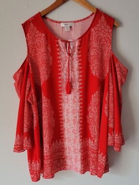 NWT Cj Banks Cold-Shoulder Red Paisley Tie-Front Women’s Top Size 3X